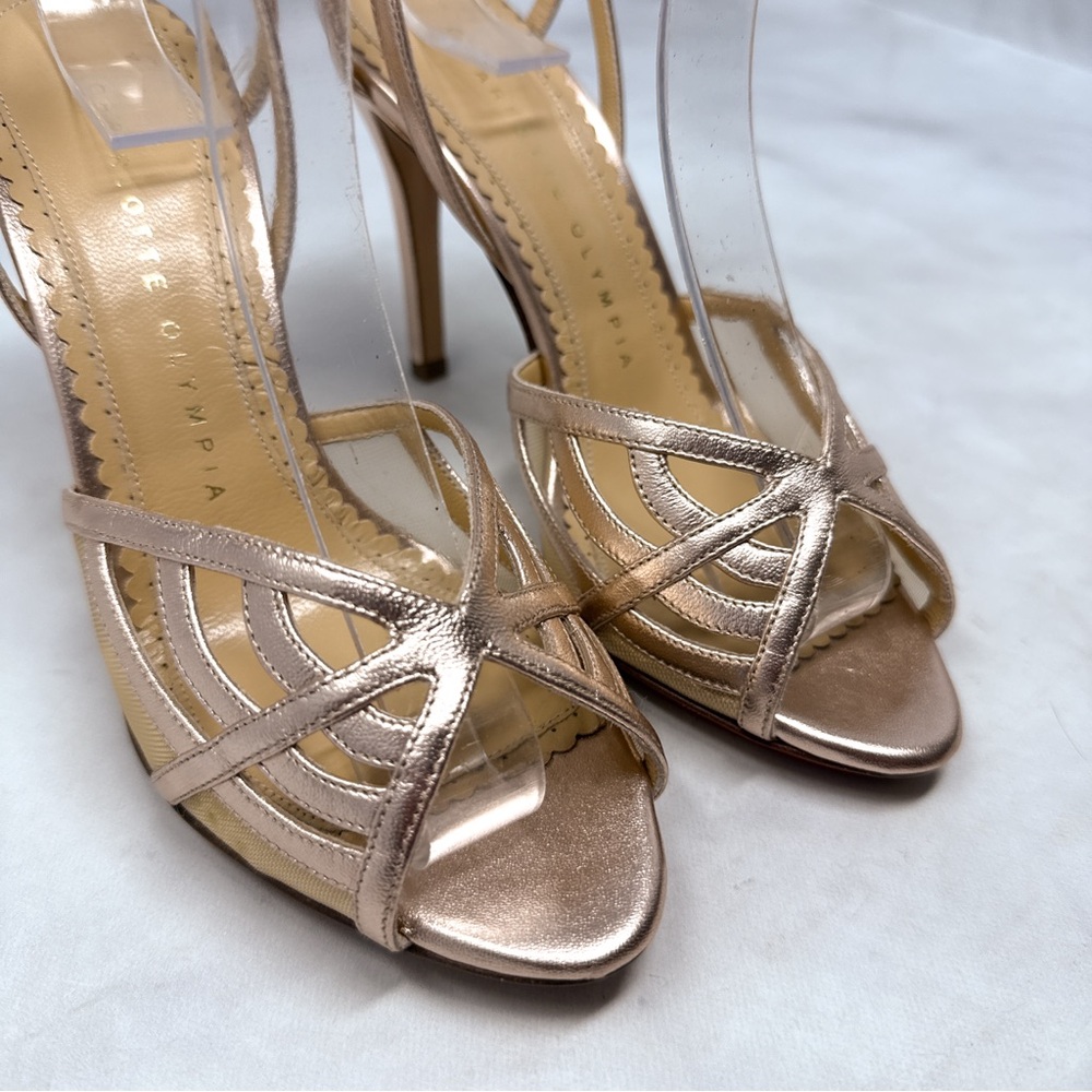 NEW Charlotte Olympia Octavia Spider Web Rose Gold Leather Strappy Sandal Heels - Picture 4 of 16